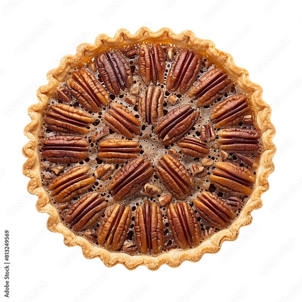 Close-up image of a freshly baked pecan pie, featuring perfectly arranged pecan halves in a golden crust on Transparent Background
Close-up image of a freshly baked pecan pie, featuring perfectly arranged pecan halves in a golden crust on Transparent Background