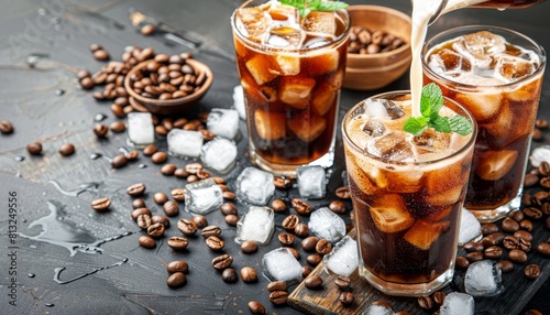 Pouring milk into iced coffee on dark surface, creating a refreshing drink on a stylish table photo