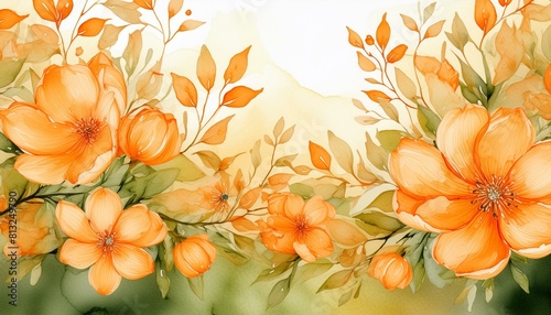 Watercolor orange floral background for wedding  birthday  card  invitation.