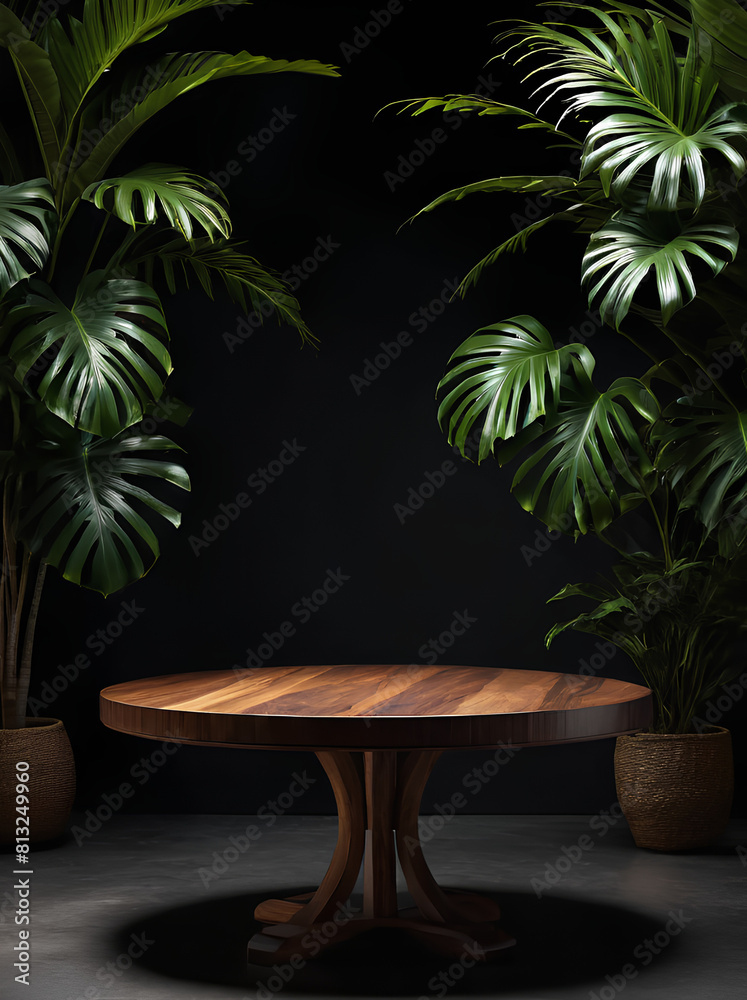 Fototapeta premium a round wooden table, with ornamental plants behind it, for product display.