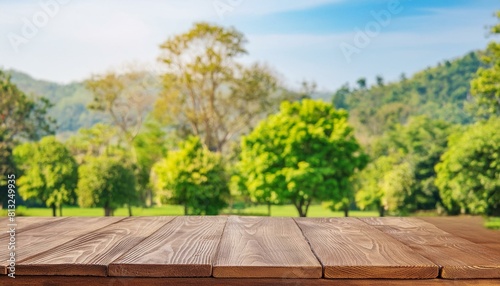 Outdoor background Wooden table. blurred nature background. Created using generative AI.