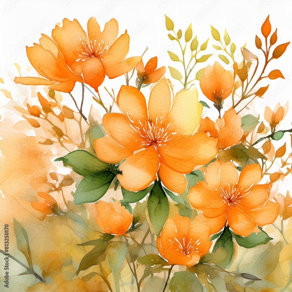 Watercolor orange floral background for wedding, birthday, card, invitation.