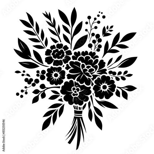 A simple black decorative bouquet isolated on a transparent background - Floral design element