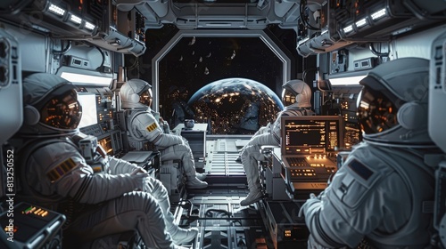 Photo of astronauts working inside the space station, black background, white interior, hyper realistic,