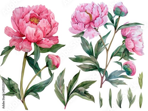 set of pink peonies flowers with leaves  watercolor illustration  clip art set  white background