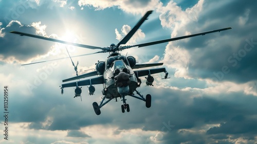A helicopter is flying in the sky with clouds in the background