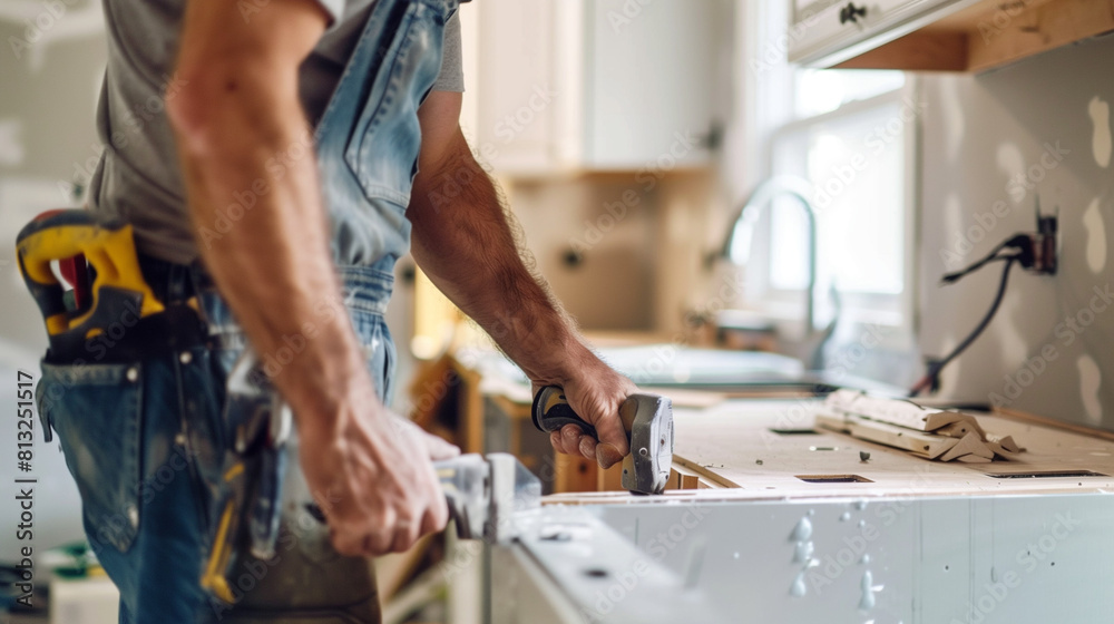 Man in Overalls Working on Kitchen Sink Man in Overalls Working on Kitchen Sink