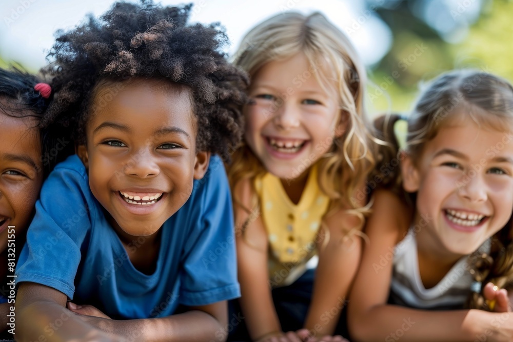 Portrait of a group of smiling children sitting together in the park Portrait of a group of smiling children sitting together in the park