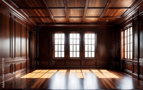 empty room with dark wood paneling and window  Luxury wood paneling background or texture. highly crafted classic or traditional wood paneling  with a frame pattern 