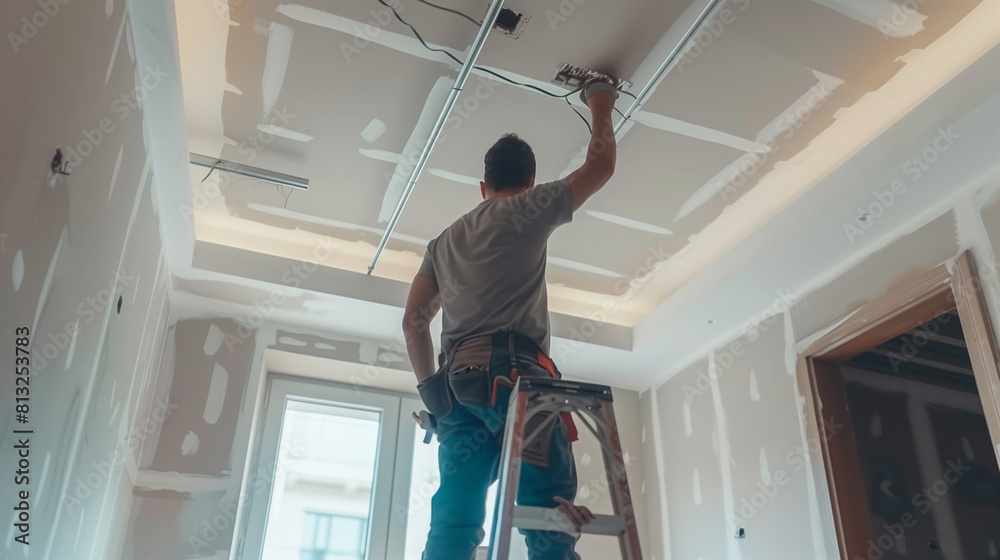 Obraz premium Worker Installing Plasterboard Drywall on Ceiling in Room