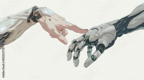 The creation of Adam, with a human hand and robot arm touching fingers
