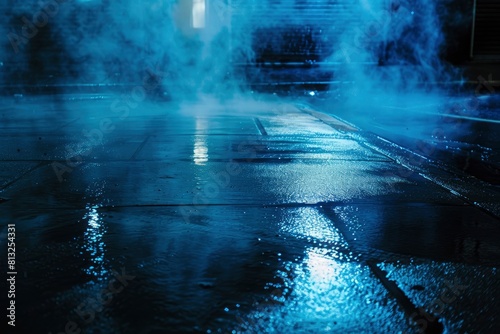 Dark street  wet asphalt  reflections of rays in the water. Abstract dark blue background  smoke  smog. Empty dark scene  neon light  spotlights. Concrete floor - generative ai