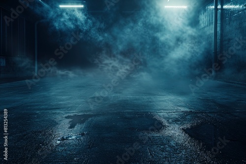 Dark street  wet asphalt  reflections of rays in the water. Abstract dark blue background  smoke  smog. Empty dark scene  neon light  spotlights. Concrete floor - generative ai