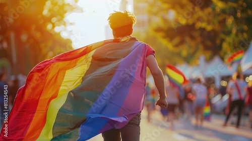 Person with rainbow flag draped over shoulders at sunny outdoor event photo