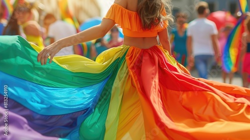 Person in colorful skirt at pride parade