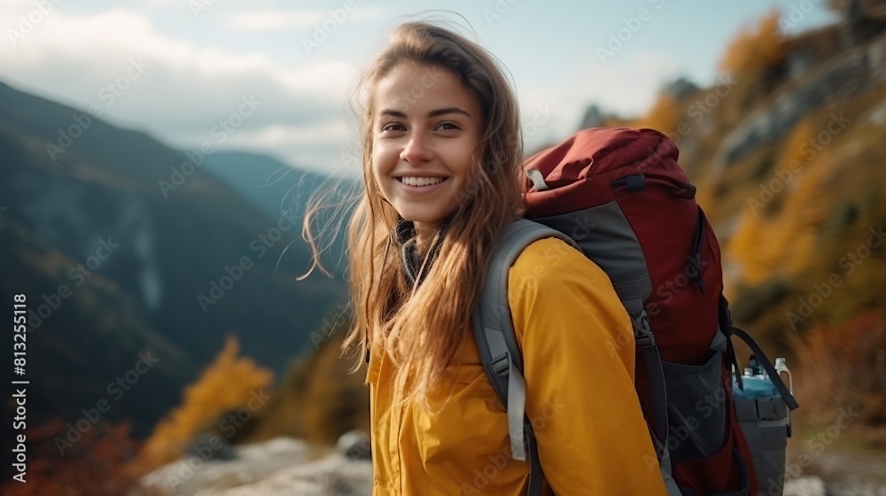 Rear view of a woman walking up a mountain.woman with backpack travels in the mountains Rear view of a woman walking up a mountain.woman with backpack travels in the mountains