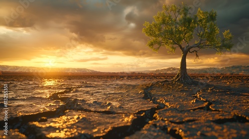 Resilient Solitude: Lone Tree Thriving in Arid Sunset Landscape - Illustrating Climate Change from Drought to Green Growth. Metaphor of Dead Trees on Dry Cracked Earth Signifying Drought, Water Crisis