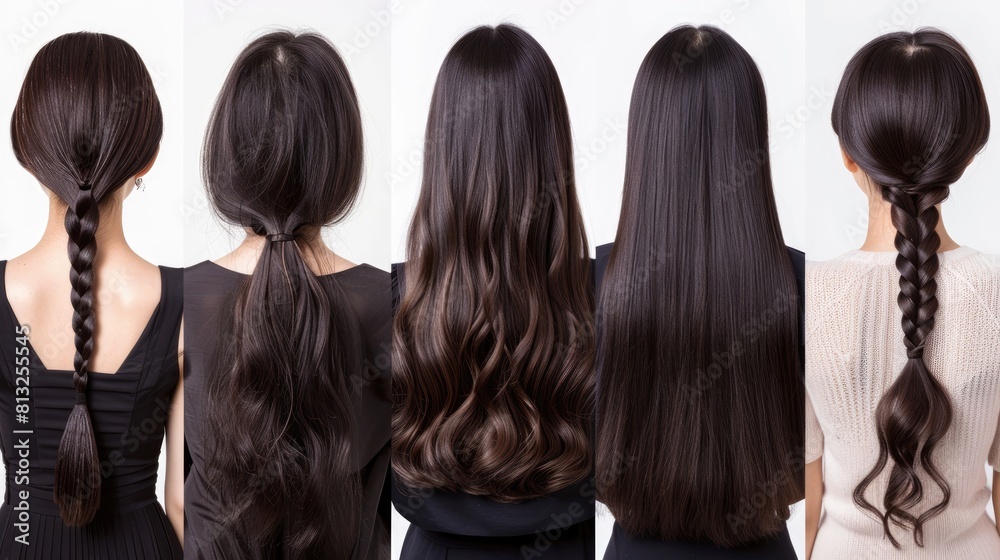 Various haircuts for women with dark brown hair on white background, Ai Generated. Various haircuts for women with dark brown hair on white background, Ai Generated.