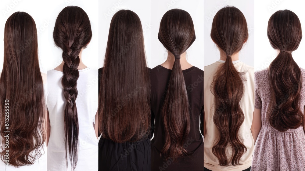 Various haircuts for women with dark brown hair on white background, Ai Generated. Various haircuts for women with dark brown hair on white background, Ai Generated.
