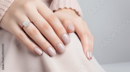 Close-up of a woman's hands adorned with an elegant neutral-colored manicure, exuding sophistication and style, Ai Generated
