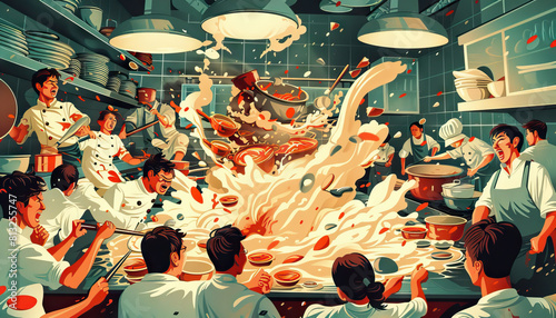 Too many cooks spoil the broth: A depiction of a chaotic kitchen with many people trying to cook, resulting in a ruined dish, emphasizing the idea that too many people involved in a task