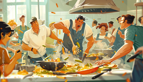Too many cooks spoil the broth: A depiction of a chaotic kitchen with many people trying to cook, resulting in a ruined dish, emphasizing the idea that too many people involved in a task