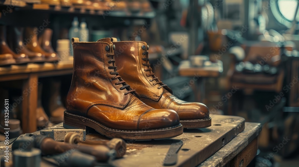 Imagine a pair of highend leather boots being polished to a high shine, set against a backdrop of a shoemakers bench Imagine a pair of highend leather boots being polished to a high shine, set against a backdrop of a shoemakers bench