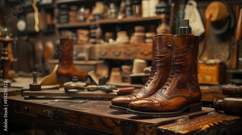 Imagine a pair of highend leather boots being polished to a high shine, set against a backdrop of a shoemakers bench