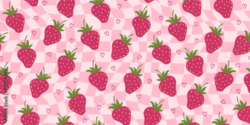 Cute retro seamless pattern with strawberries and hearts. Abstract psychedelic cell print background. Vector design for textile, wrapping paper, greeting cards.