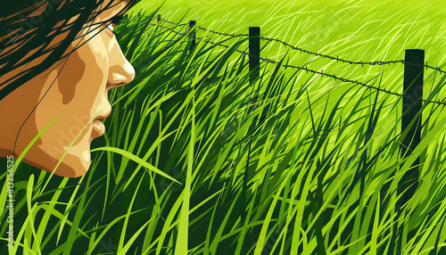 The grass is always greener on the other side: An illustration of someone looking enviously at a lush green field on the other side of a fence, while their own grass appears less green photo