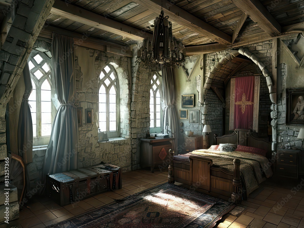 bedroom inside a medieval castle, 3d model