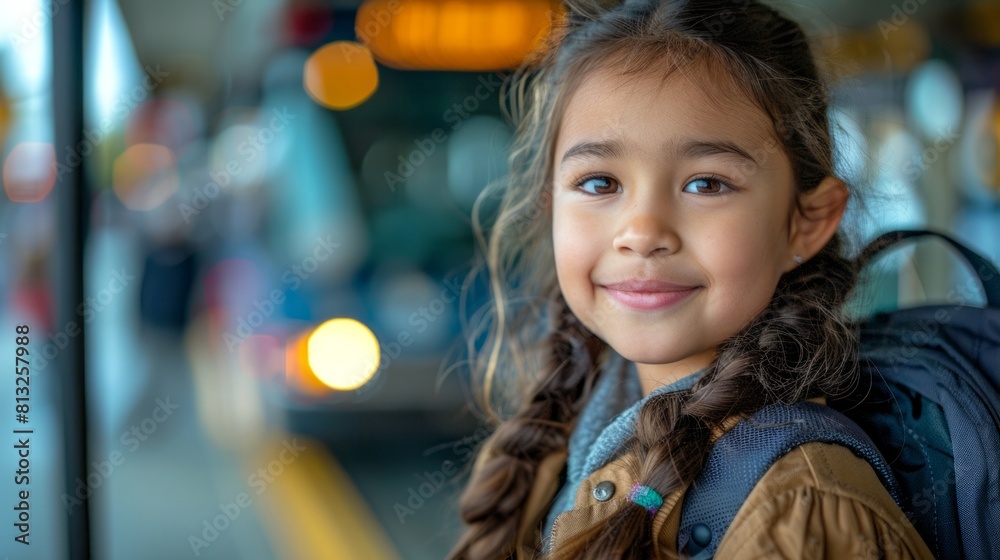 The school bus pulls up the smiling elementary student girl. Back to school concept. The school bus pulls up the smiling elementary student girl. Back to school concept.