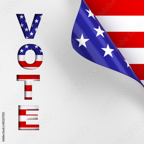 Vote in red, white, and blue American flag colors page turn background. 3d render.