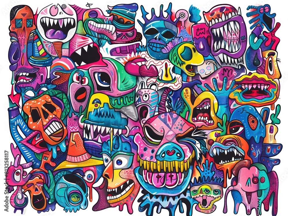 creatures and skulls, bold colorful outline, with bright colors in white background
