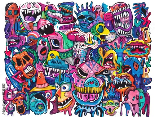 creatures and skulls  bold colorful outline  with bright colors in white background