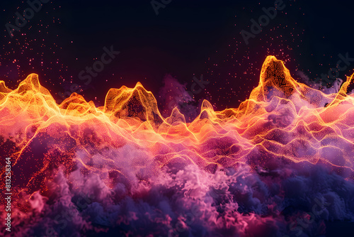 Electric neon waves in orange and pink luminescence. Mesmerizing artwork on black background.