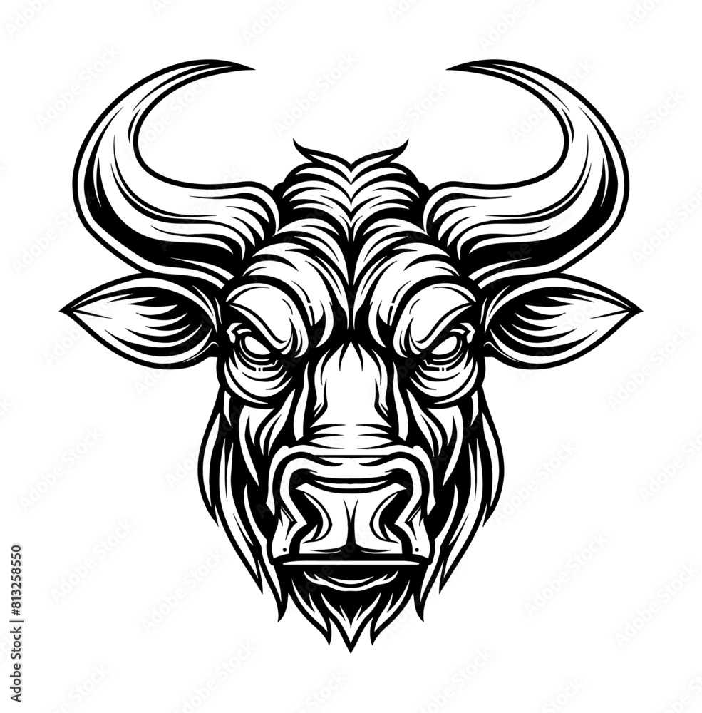 Fototapeta premium bull head portrait engraving black and white outline