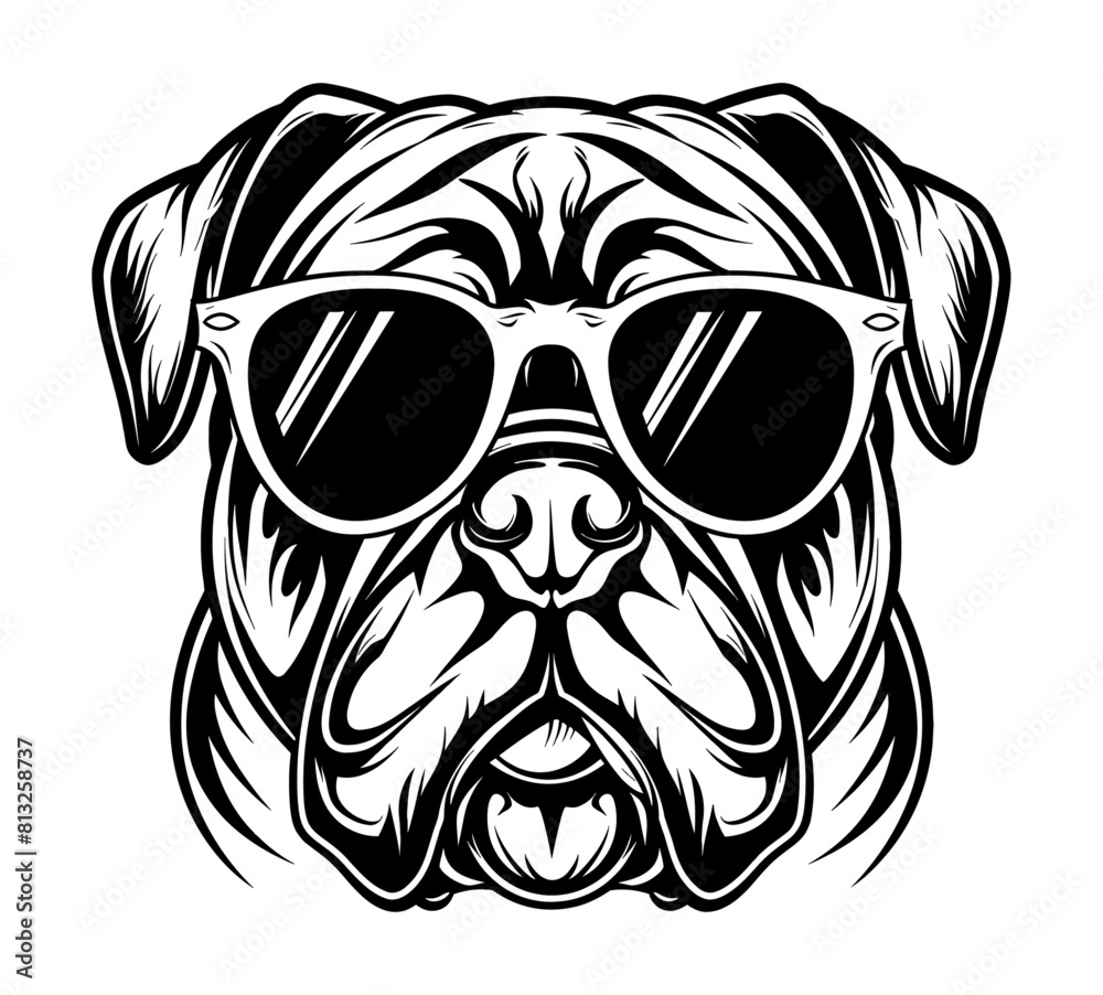 Fototapeta premium bulldog sunglasses engraving black and white outline