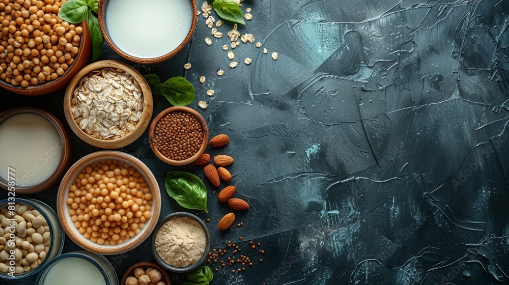 various non-dairy milk options on a table, promoting plant-based milk concept with room for text various non-dairy milk options on a table, promoting plant-based milk concept with room for text