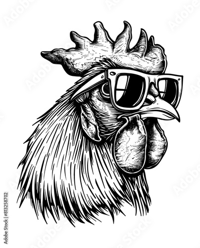 rooster sunglasses engraving black and white outline