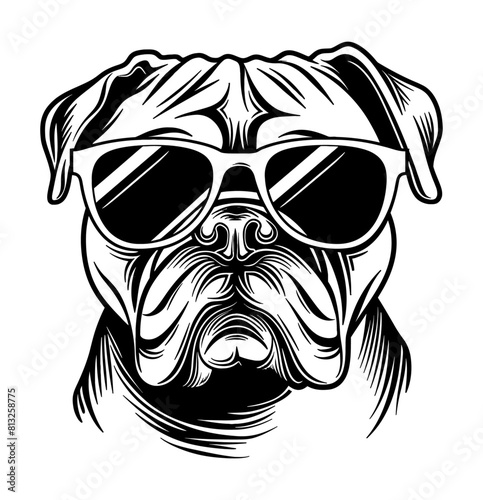 bulldog sunglasses engraving black and white outline
