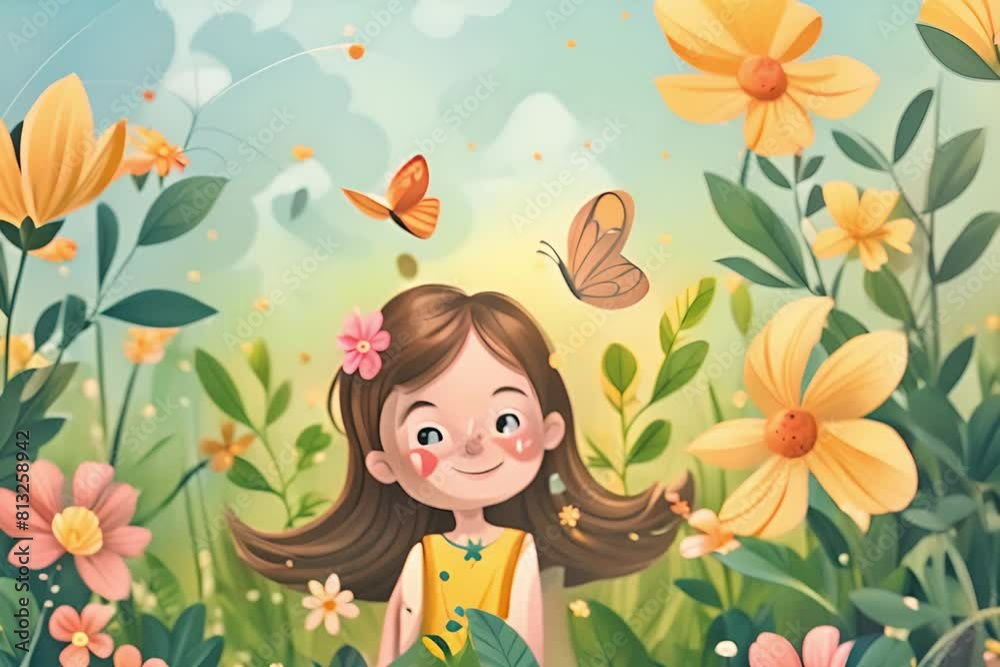 Happy girl with flower and butterfly in nature cartoon illustration Happy girl with flower and butterfly in nature cartoon illustration