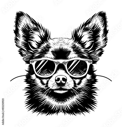 chiuahua sunglasses engraving black and white outline photo