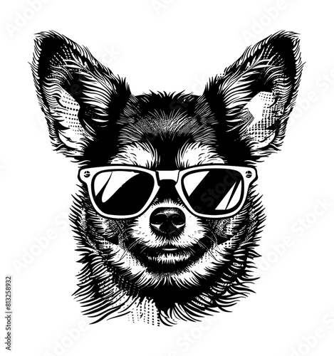 chiuahua sunglasses engraving black and white outline photo