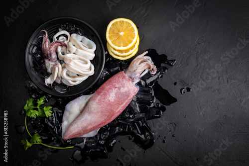Fresh raw squid. Raw squid on a black plate with ice. Lemon slices. Top view and copy space for your text.