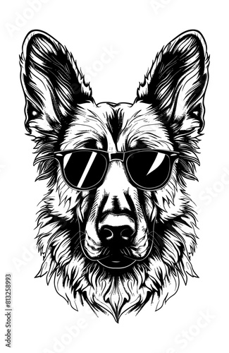 german shepherd sunglasses engraving black and white outline