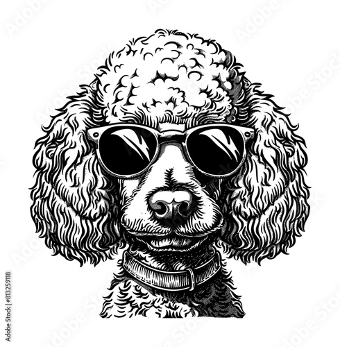 poodle dog sunglasses engraving black and white outline