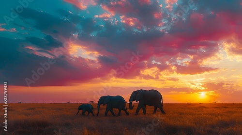 A family of elephants trekking across the golden plains of the Serengeti at sunset  silhouetted against the colorful sky