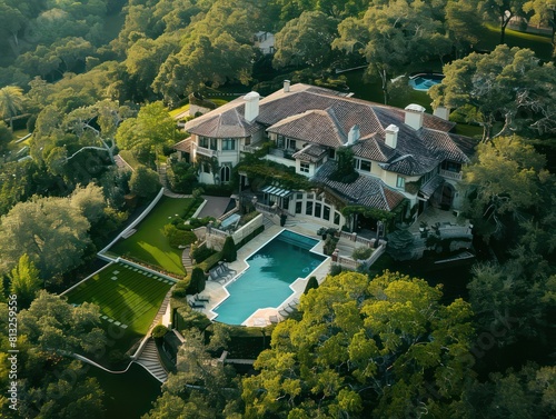  luxury mansion modern design with a pool and a large lawn, aerial view