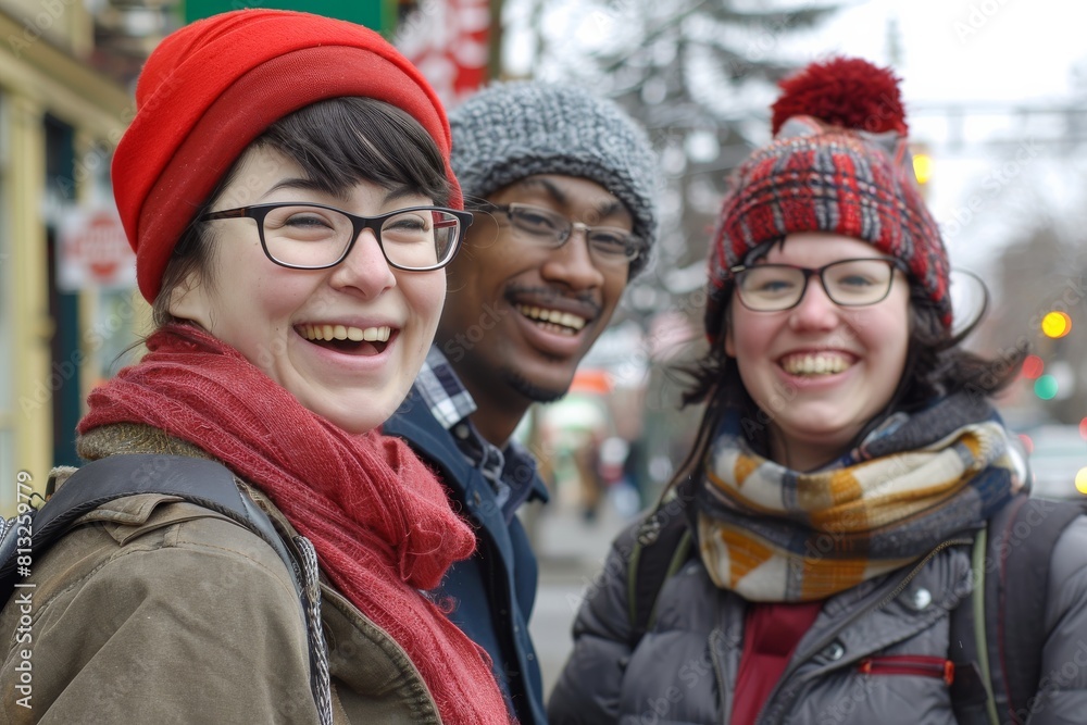 Group of friends smiling at the camera on a city street in winter Group of friends smiling at the camera on a city street in winter